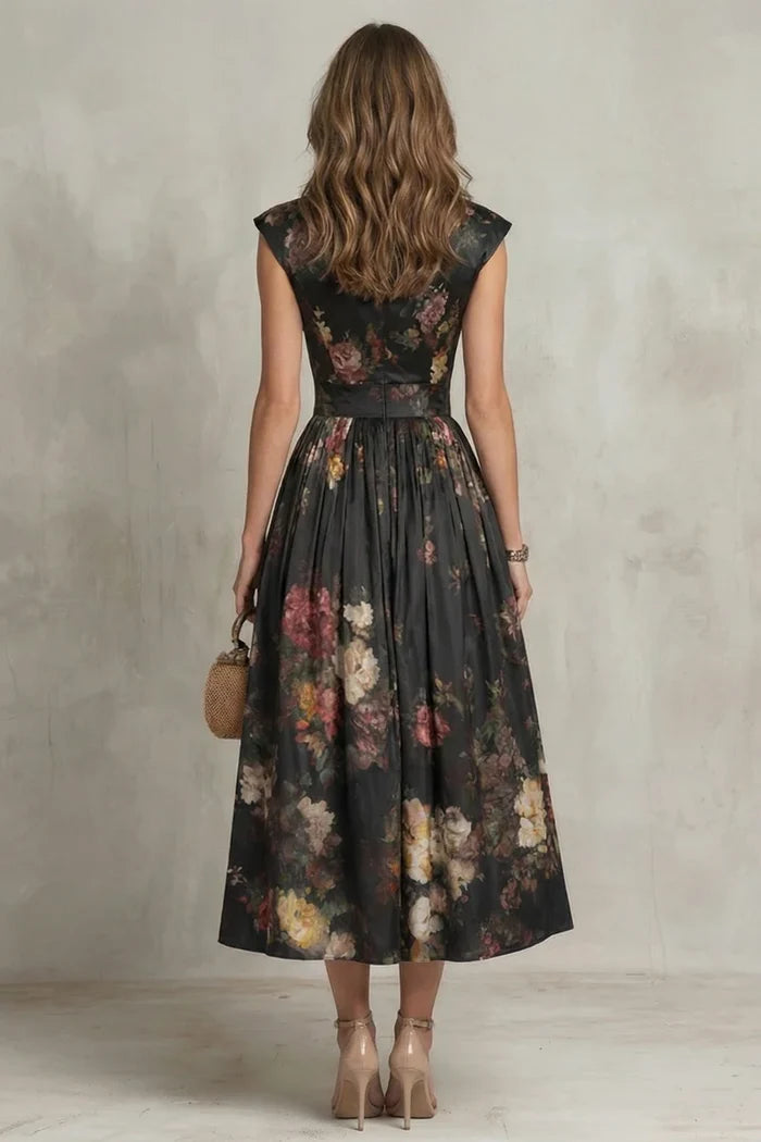 Lightweight women's maxi dress - floral-printed, high-waisted, pleated, polyester, for street fashion