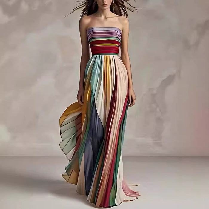 Lightweight Women's Maxi Dress - Tube-Top Flowy Printed Stripe, Polyester Crepe, for Summer Vacation