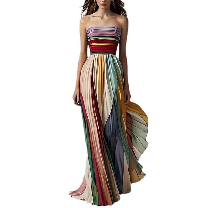 Lightweight Women's Maxi Dress - Tube-Top Flowy Printed Stripe, Polyester Crepe, for Summer Vacation
