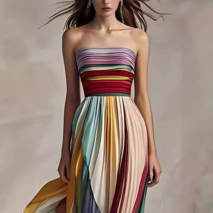 Lightweight Women's Maxi Dress - Tube-Top Flowy Printed Stripe, Polyester Crepe, for Summer Vacation