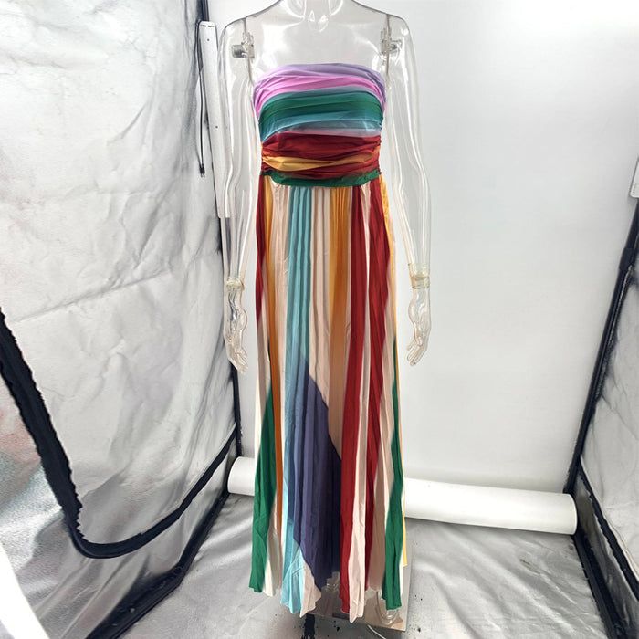 Lightweight Women's Maxi Dress - Tube-Top Flowy Printed Stripe, Polyester Crepe, for Summer Vacation