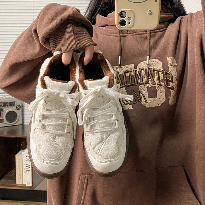 Lightweight women's sneakers - casual campus mid-cut, suede, lamb cashmere lining for daily wear