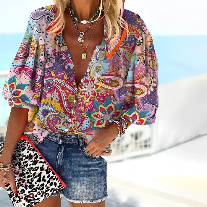 Mandala Printed Women's Shirt in Soft Knitted Fabric, Relaxed Fit for Autumn and Winter-1