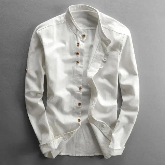 Men's Casual Solid Color Long Sleeve Shirt - Vintage Slim Fit Stand Collar Button Shirt