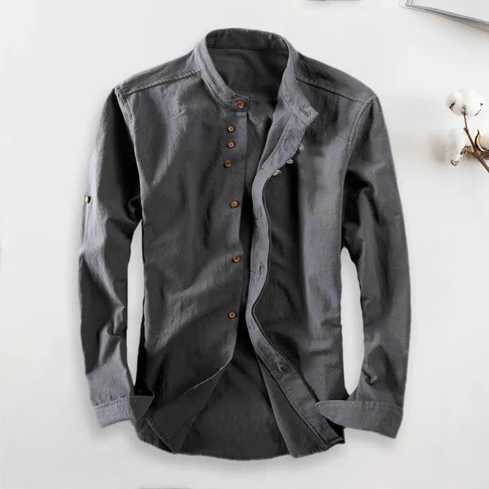 Men's Casual Solid Color Long Sleeve Shirt - Vintage Slim Fit Stand Collar Button Shirt