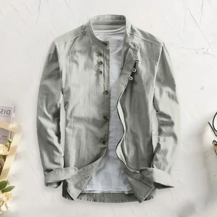 Men's Casual Solid Color Long Sleeve Shirt - Vintage Slim Fit Stand Collar Button Shirt