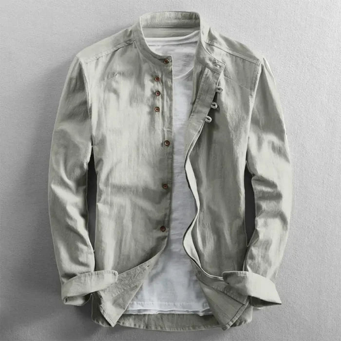 Men's Casual Solid Color Long Sleeve Shirt - Vintage Slim Fit Stand Collar Button Shirt
