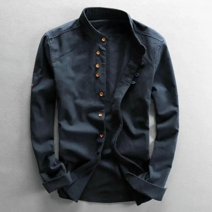 Men's Casual Solid Color Long Sleeve Shirt - Vintage Slim Fit Stand Collar Button Shirt