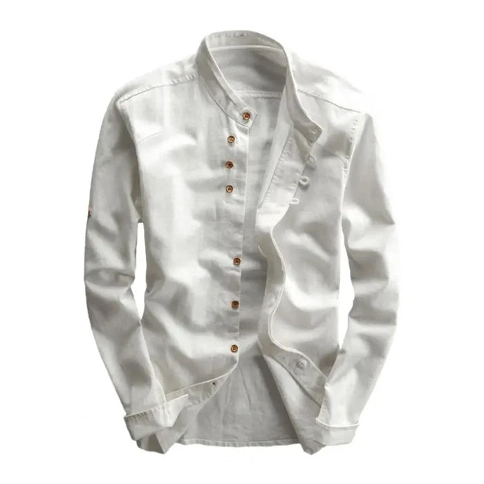 Men's Casual Solid Color Long Sleeve Shirt - Vintage Slim Fit Stand Collar Button Shirt