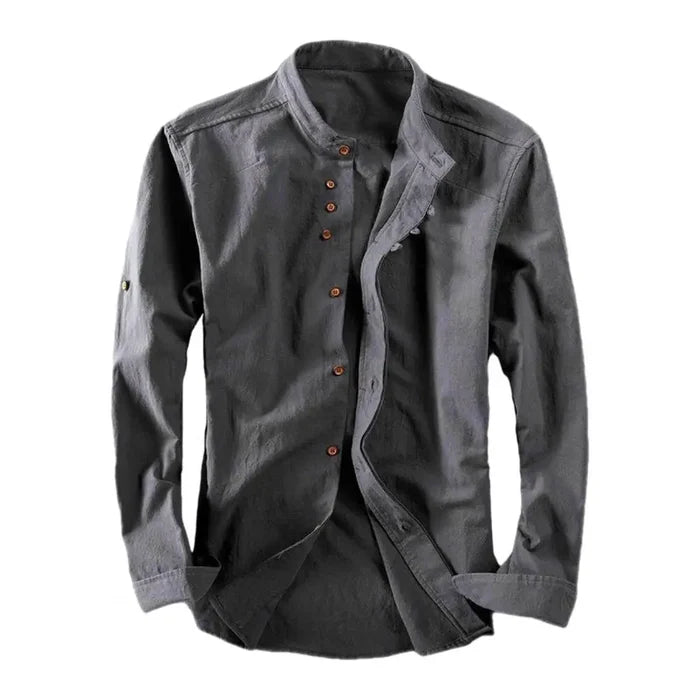 Men's Casual Solid Color Long Sleeve Shirt - Vintage Slim Fit Stand Collar Button Shirt