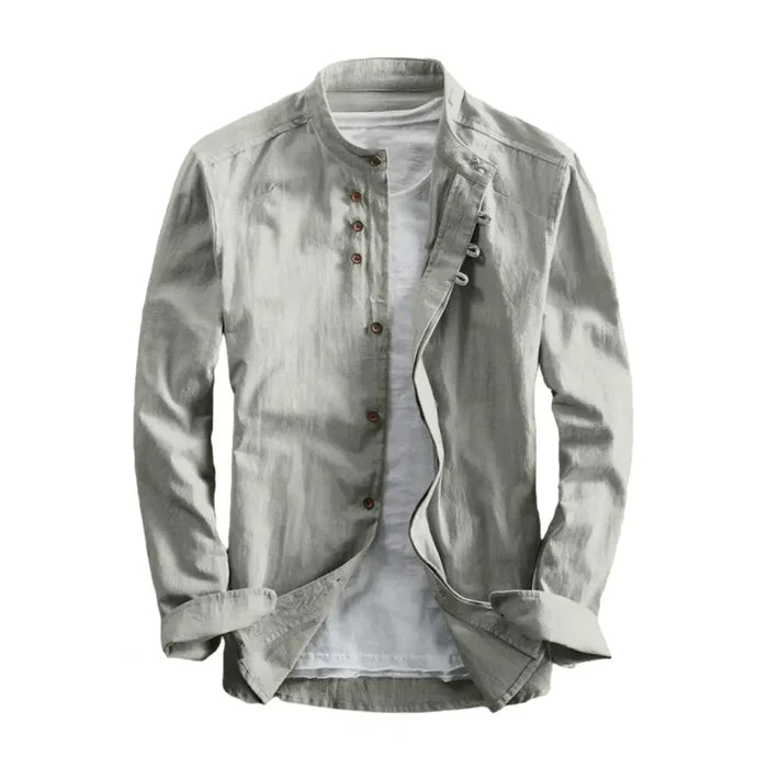 Men's Casual Solid Color Long Sleeve Shirt - Vintage Slim Fit Stand Collar Button Shirt