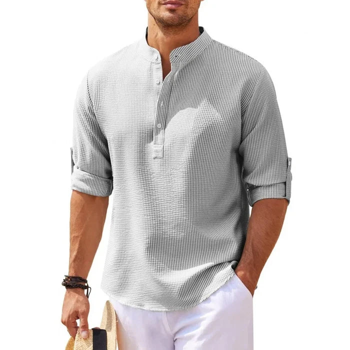 Men's Long Sleeve Stand-up Collar Pineapple Checkered Casual Shirt Top