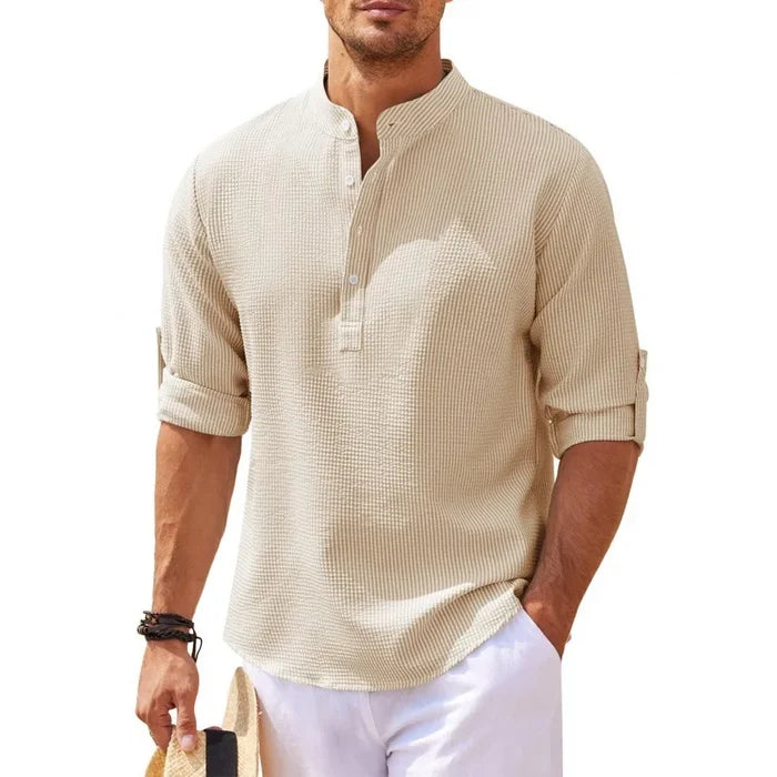 Men's Long Sleeve Stand-up Collar Pineapple Checkered Casual Shirt Top