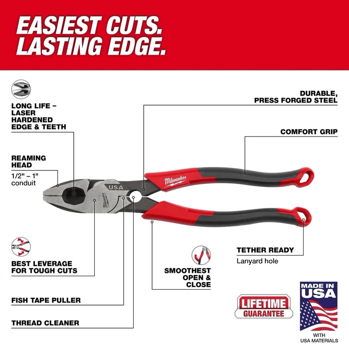 Milwaukee 9" Lineman's Comfort Grip Pliers w/ Thread Cleaner (USA)