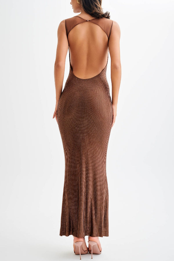 Open Back Sequin Mesh Black Maxi Dress for Women, Ankle-Length Scoop Neck Long Dress with Adjustable Straps-4