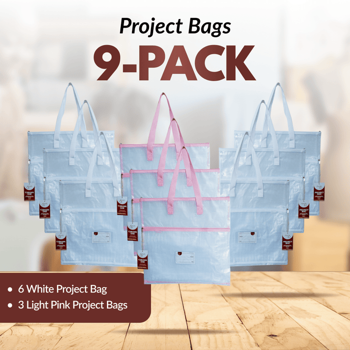 Project Bags - 9 Pack - Six White with Light Pink - MadamSew