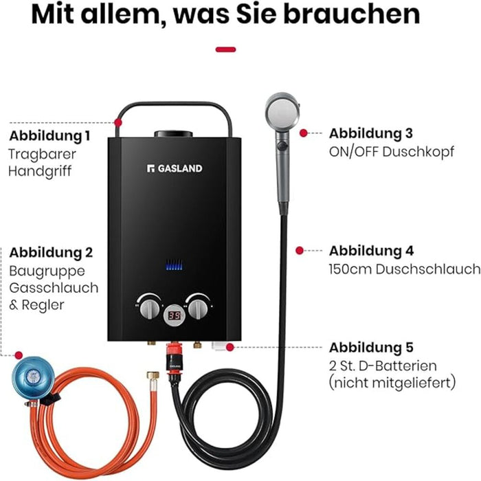 Propangas Gas Durchlauferhitzer - 10L 50mbar Gas Durchlauferhitzer Propan Campingdusche mit Überhitzungsschutz