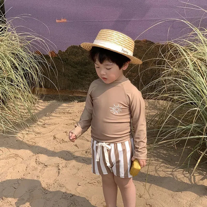 Quick-dry baby boys' swimwear set - long-sleeve top and shorts, polyester, for swimming