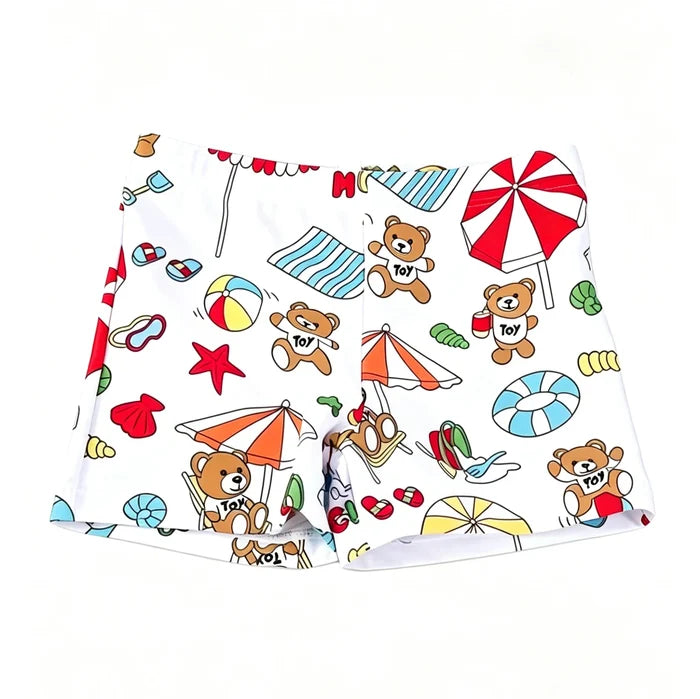 Quick-dry boys' swim shorts – bear-printed, polyester, for summer swimming and beach play