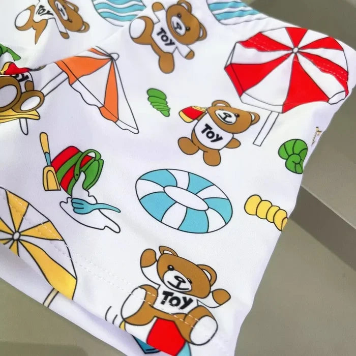 Quick-dry boys' swim shorts – bear-printed, polyester, for summer swimming and beach play