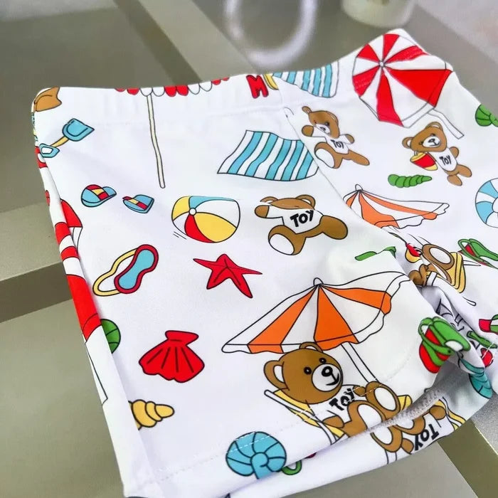 Quick-dry boys' swim shorts – bear-printed, polyester, for summer swimming and beach play