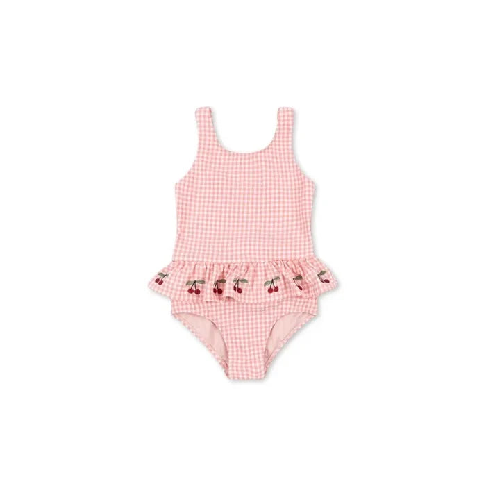 Quick-dry girls’ swimwear - checkered cherry print bikini set, nylon, for summer vacation