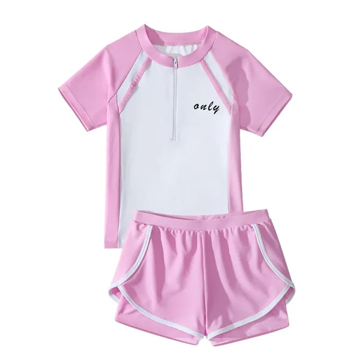 Quick-dry girls' two-piece swimsuit - zip-front rash guard top, nylon, for beach and pool