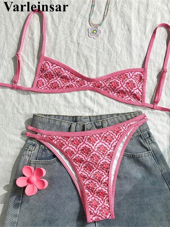 Quick-dry women's bikini set – high-leg cut floral print, polyester, elastane, for swimming