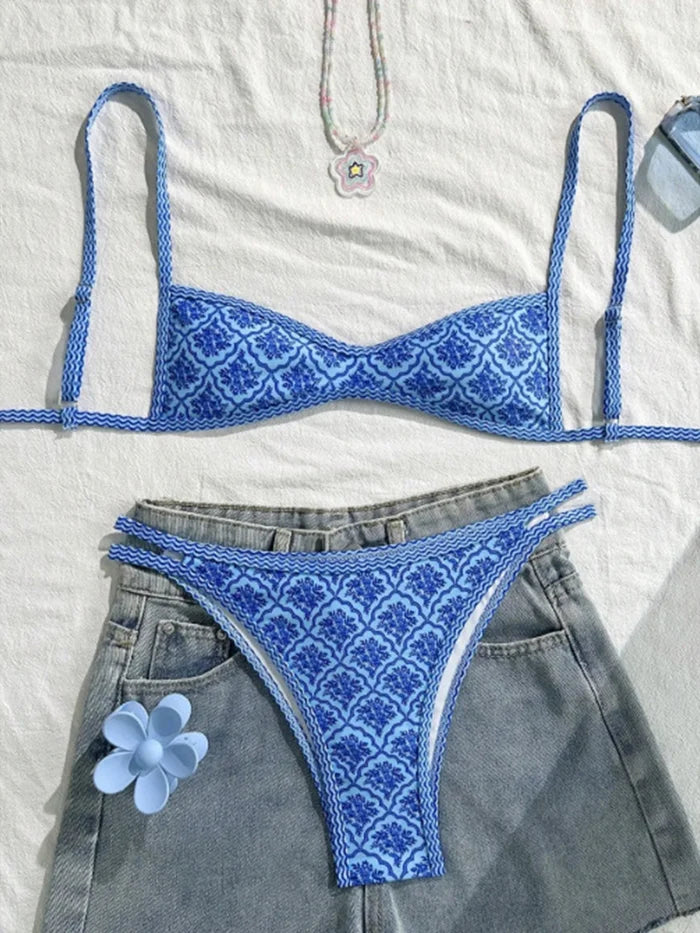 Quick-dry women's bikini set – high-leg cut floral print, polyester, elastane, for swimming
