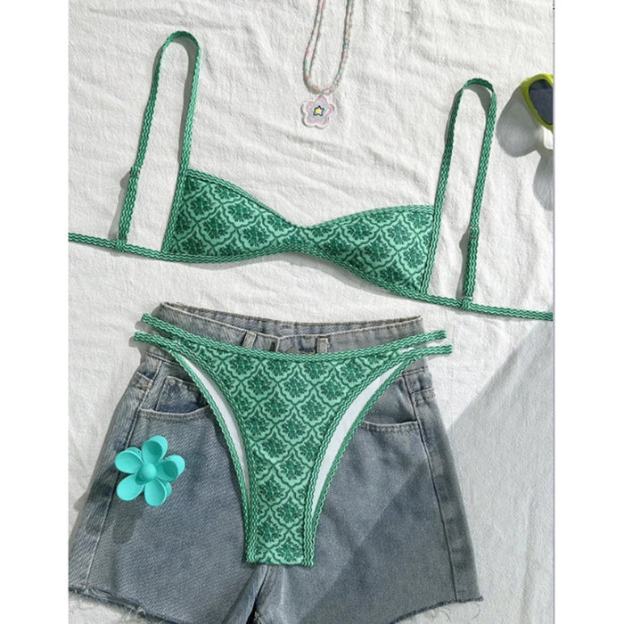 Quick-dry women's bikini set – high-leg cut floral print, polyester, elastane, for swimming