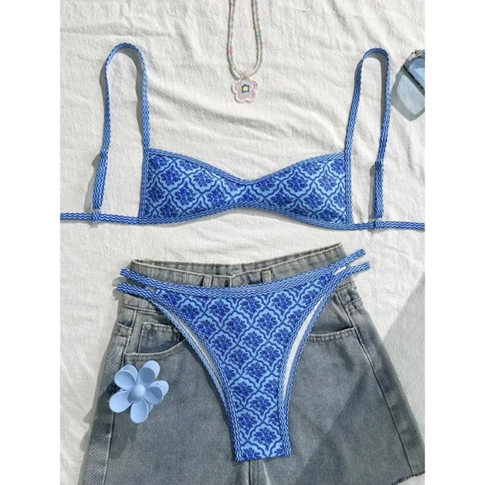 Quick-dry women's bikini set – high-leg cut floral print, polyester, elastane, for swimming