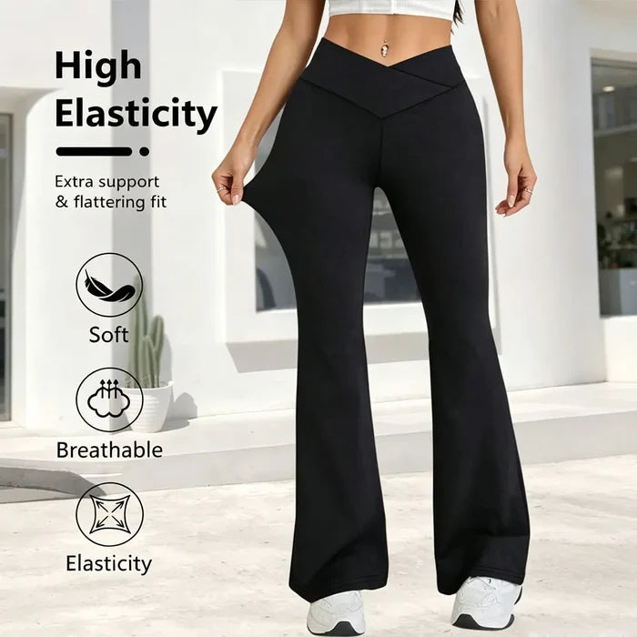 Relaxed women's high-waist wide-leg leggings – flared hem cross-waist design, casual sports trousers