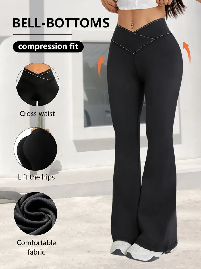 Relaxed women's high-waist wide-leg leggings – flared hem cross-waist design, casual sports trousers