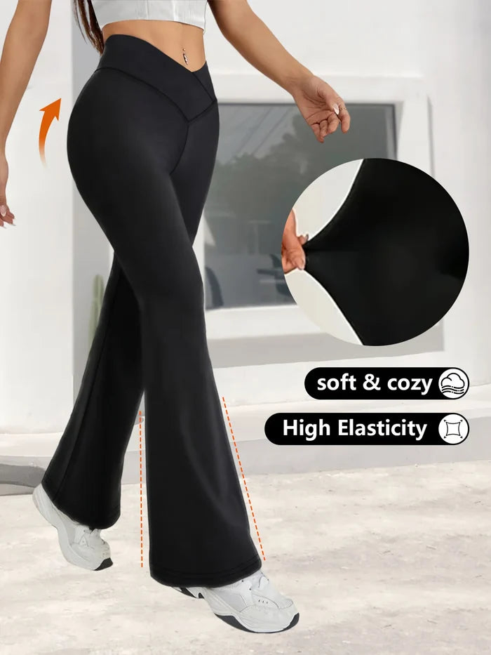 Relaxed women's high-waist wide-leg leggings – flared hem cross-waist design, casual sports trousers