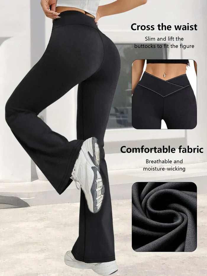 Relaxed women's high-waist wide-leg leggings – flared hem cross-waist design, casual sports trousers