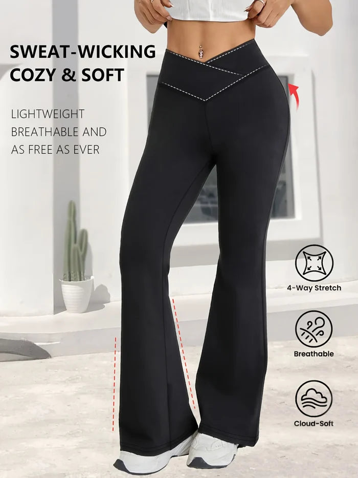 Relaxed women's high-waist wide-leg leggings – flared hem cross-waist design, casual sports trousers
