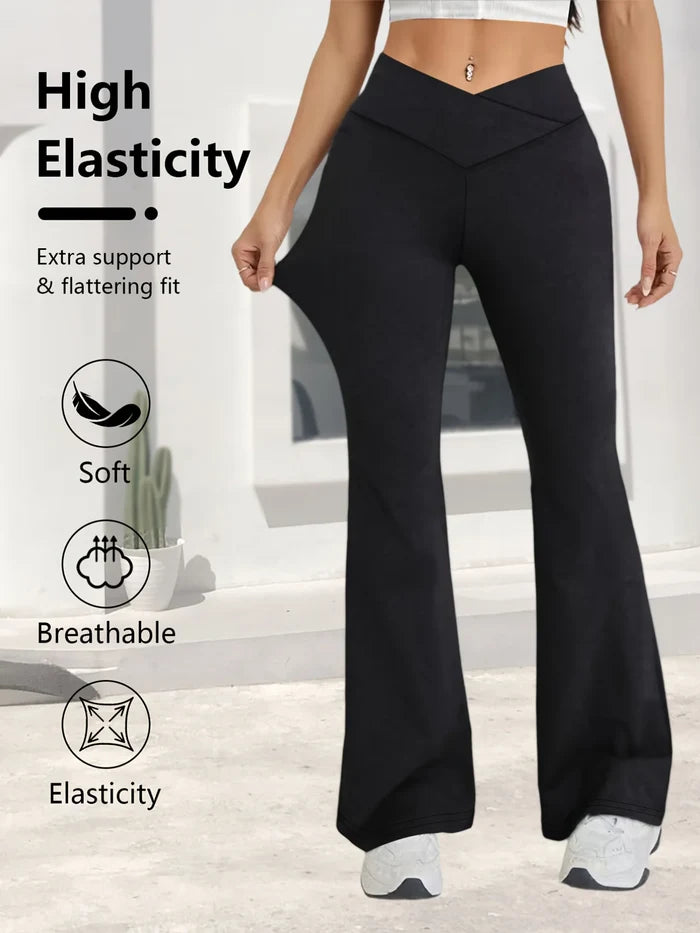 Relaxed women's high-waist wide-leg leggings – flared hem cross-waist design, casual sports trousers