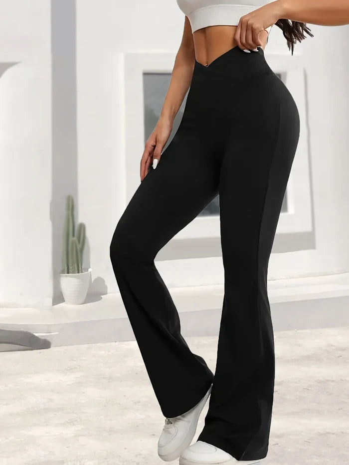 Relaxed women's high-waist wide-leg leggings – flared hem cross-waist design, casual sports trousers