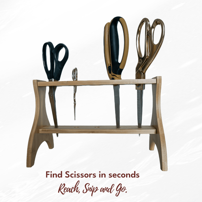 Wooden Desktop Scissors Stand with 4 pairs of scissors on a white background