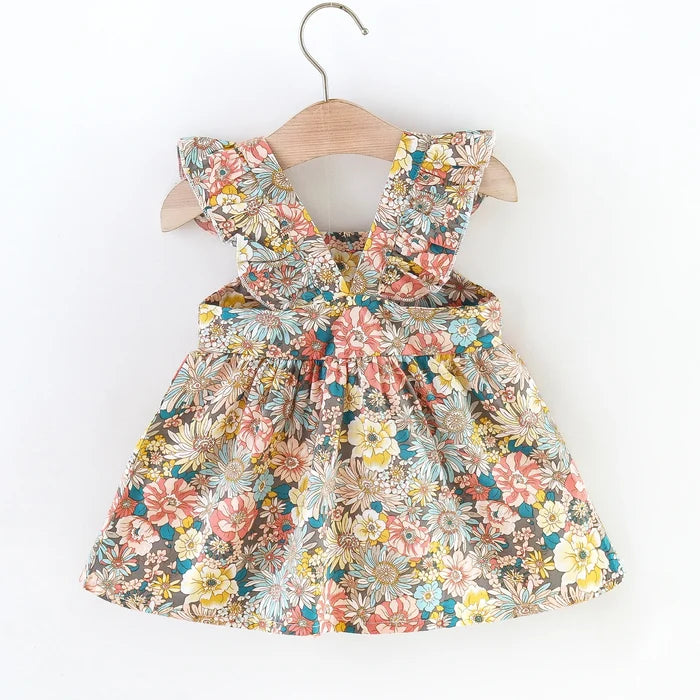 Soft Baby Girl Dress - Classic Floral Flutter Sleeves, Polyester, With Crossbody Bag, For Ages 0-3