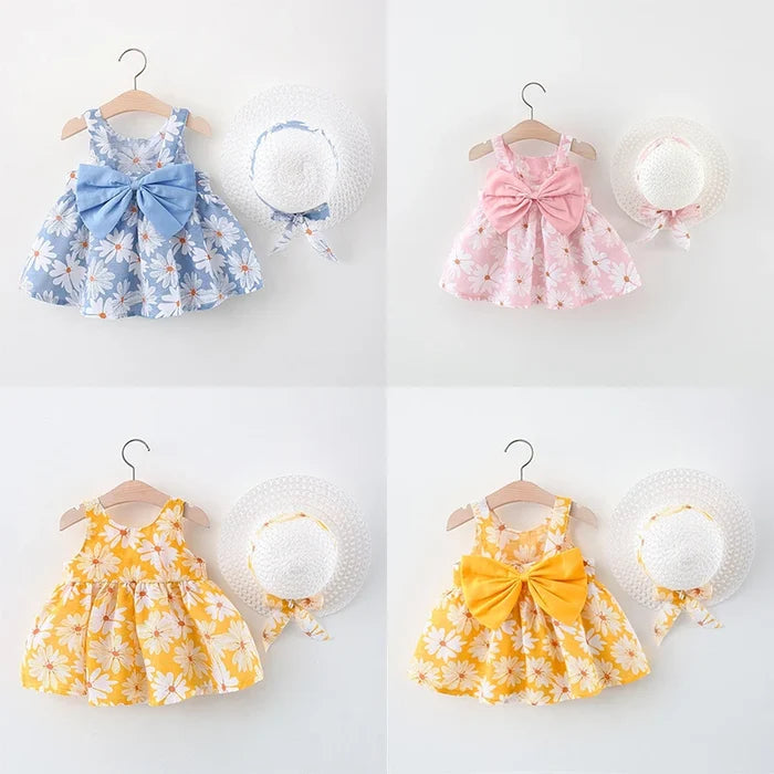 Soft baby girls dress - sleeveless, floral bow-embellished, cotton-polyester blend, for summer outings