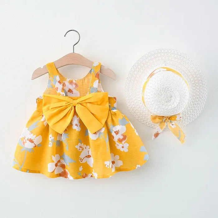 Soft baby girls dress - sleeveless, floral bow-embellished, cotton-polyester blend, for summer outings