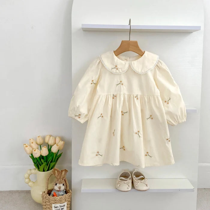 Soft, classic girls' dress - embroidered floral, Peter Pan collar, puff sleeves, cotton, for spring outings