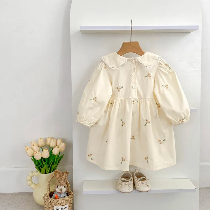 Soft, classic girls' dress - embroidered floral, Peter Pan collar, puff sleeves, cotton, for spring outings