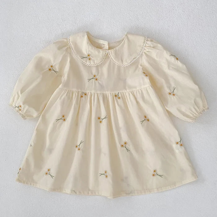 Soft, classic girls' dress - embroidered floral, Peter Pan collar, puff sleeves, cotton, for spring outings