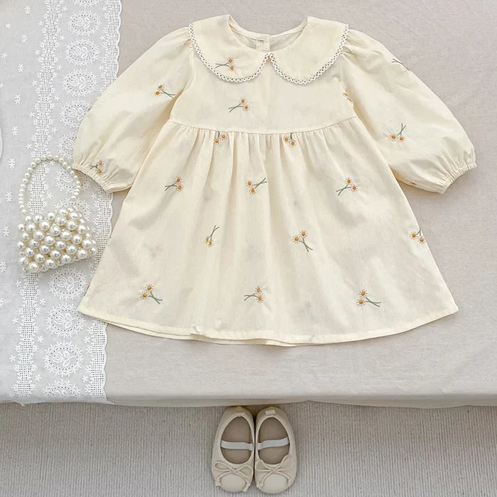 Soft, classic girls' dress - embroidered floral, Peter Pan collar, puff sleeves, cotton, for spring outings