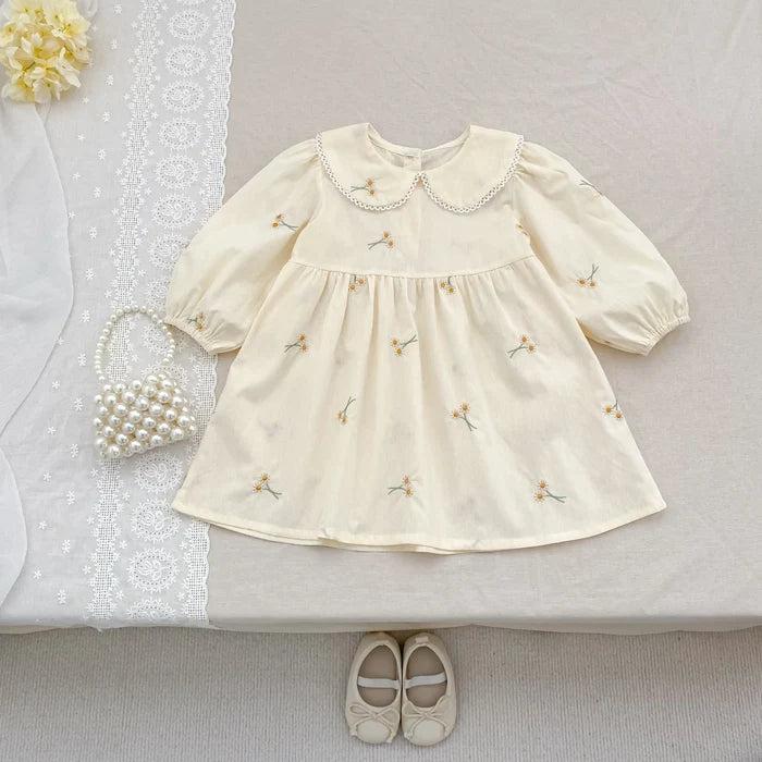 Soft, classic girls' dress - embroidered floral, Peter Pan collar, puff sleeves, cotton, for spring outings