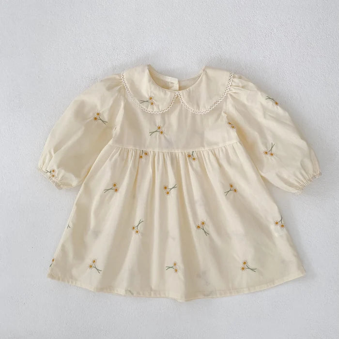 Soft, classic girls' dress - embroidered floral, Peter Pan collar, puff sleeves, cotton, for spring outings