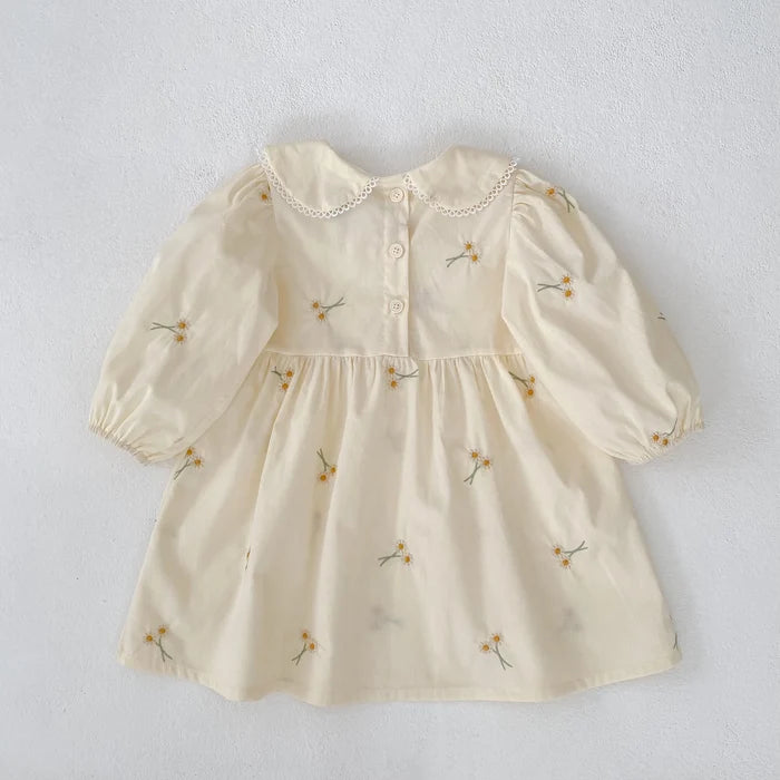 Soft, classic girls' dress - embroidered floral, Peter Pan collar, puff sleeves, cotton, for spring outings
