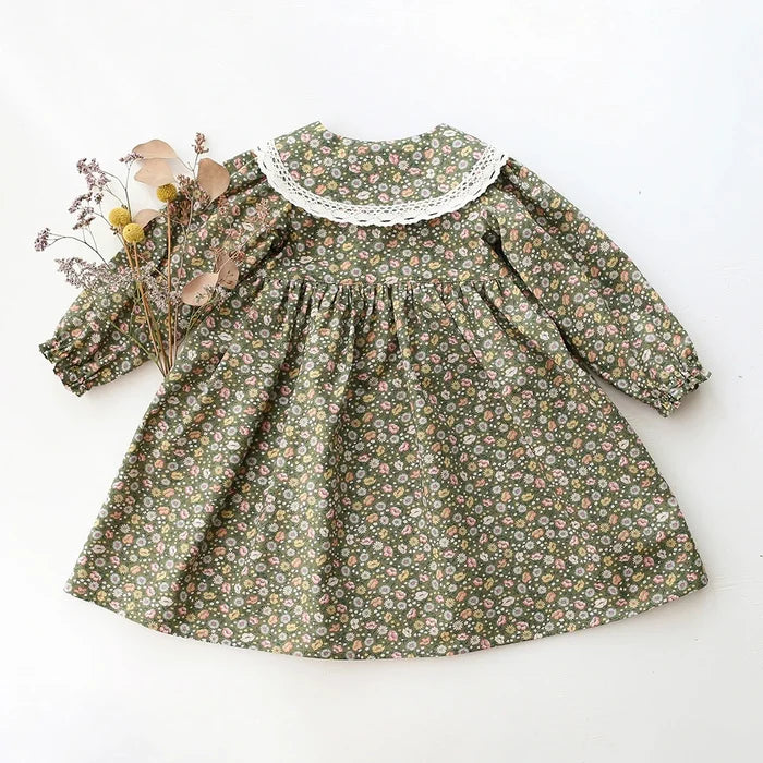 Soft classic girls' dress – floral long-sleeve knee-length, cotton, for special occasions